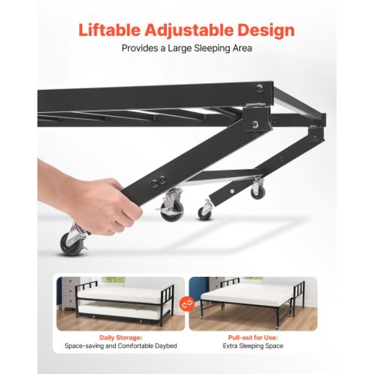 Πλαίσιο Daybed VEVOR Twin Size, Day Bed with Trundle, Heavy Duty Metal Platform Bead Frame, Twin Day Bed with Metal Slats Support for Saving Room, Κρεβατοκάμαρα, Ξενώνας, Εύκολη συναρμολόγηση, Μαύρο