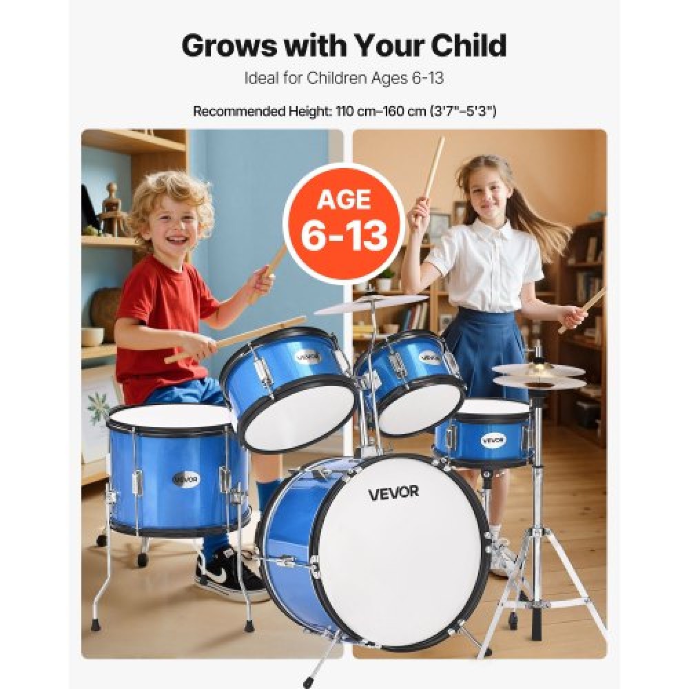 VEVOR Kids Drum Set, 5 τεμαχίων 16 ιντσών / 406,4 mm Junior Drum Set, σετ τύμπανων για αρχάριους με ρυθμιζόμενο θρόνο και δύο ζευγάρια τύμπανα, κιτ οργάνων για τύμπανα μουσικής εκμάθησης, για παιδιά 6-13 ετών (Μπλε)