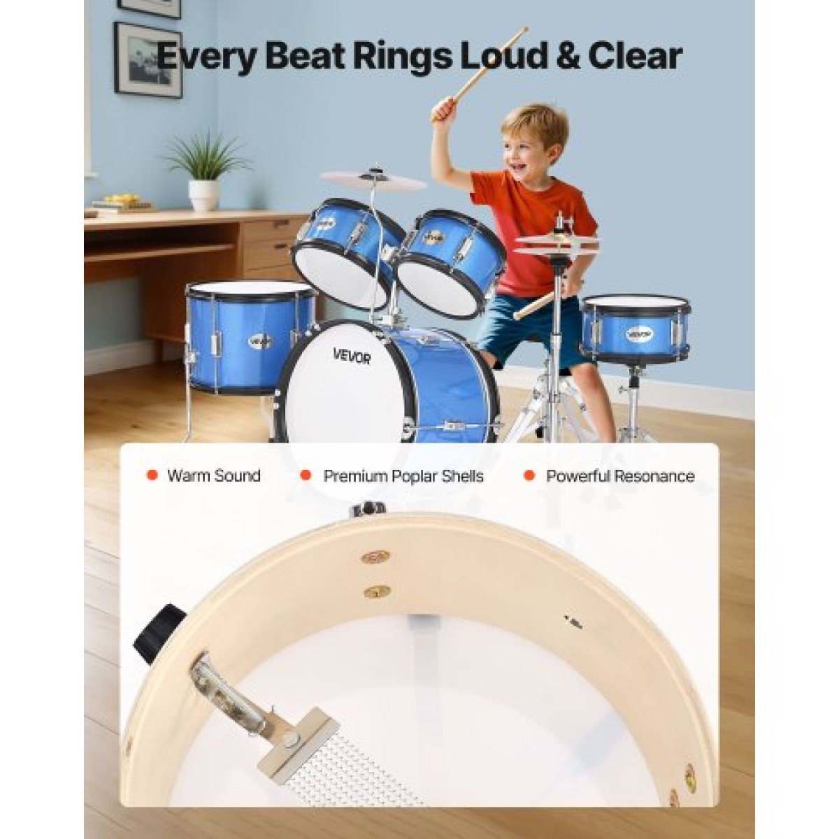 VEVOR Kids Drum Set, 5 τεμαχίων 16 ιντσών / 406,4 mm Junior Drum Set, σετ τύμπανων για αρχάριους με ρυθμιζόμενο θρόνο και δύο ζευγάρια τύμπανα, κιτ οργάνων για τύμπανα μουσικής εκμάθησης, για παιδιά 6-13 ετών (Μπλε)