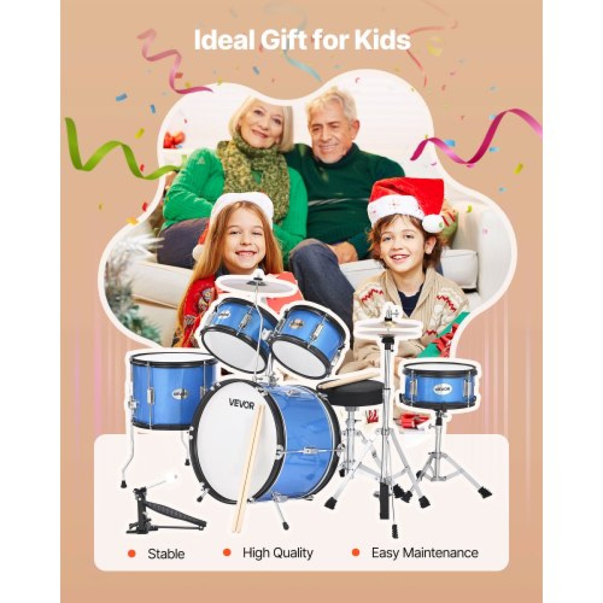 VEVOR Kids Drum Set, 5 τεμαχίων 16 ιντσών / 406,4 mm Junior Drum Set, σετ τύμπανων για αρχάριους με ρυθμιζόμενο θρόνο και δύο ζευγάρια τύμπανα, κιτ οργάνων για τύμπανα μουσικής εκμάθησης, για παιδιά 6-13 ετών (Μπλε)