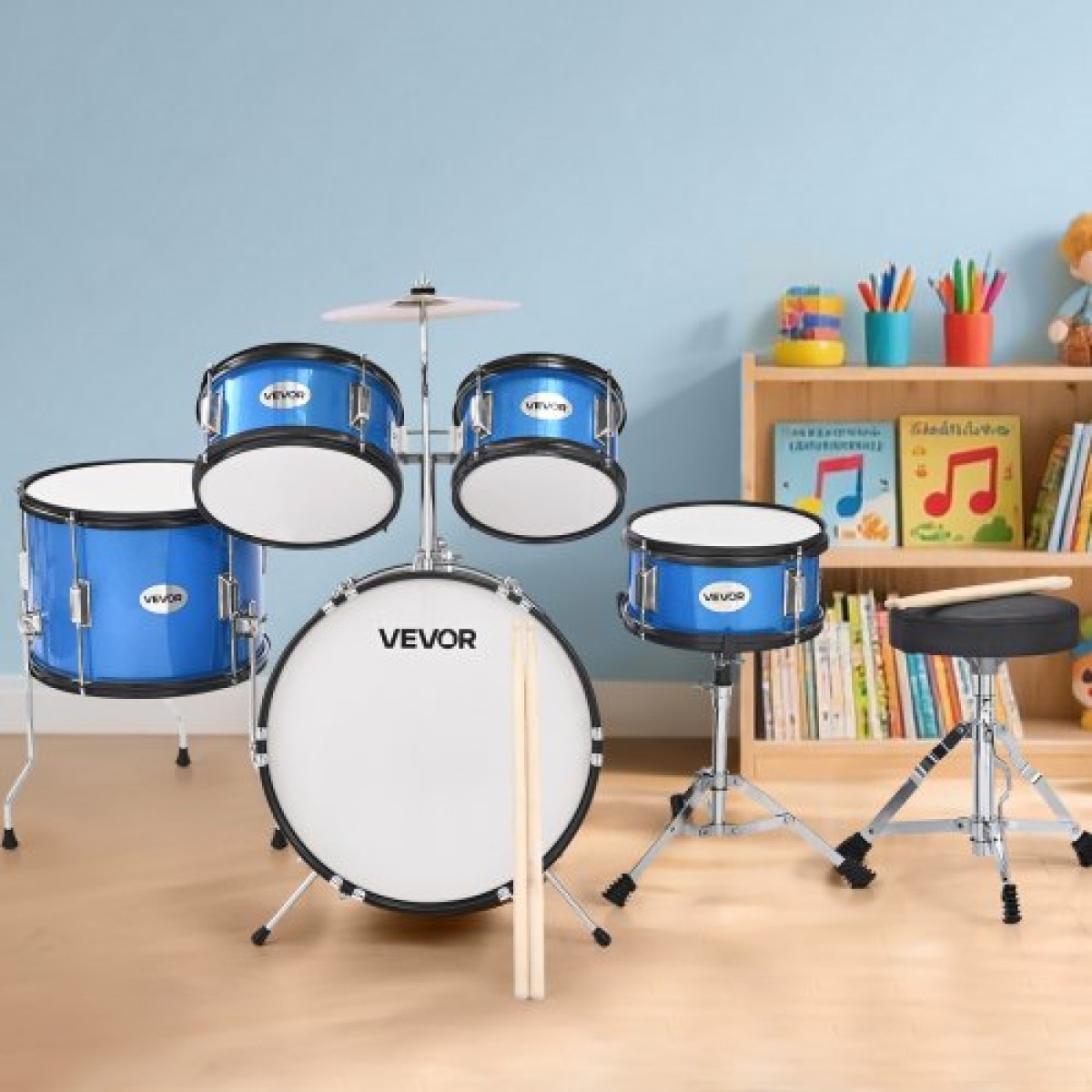 VEVOR Kids Drum Set, 5 τεμαχίων 16 ιντσών / 406,4 mm Junior Drum Set, σετ τύμπανων για αρχάριους με ρυθμιζόμενο θρόνο και δύο ζευγάρια τύμπανα, κιτ οργάνων για τύμπανα μουσικής εκμάθησης, για παιδιά 6-13 ετών (Μπλε)