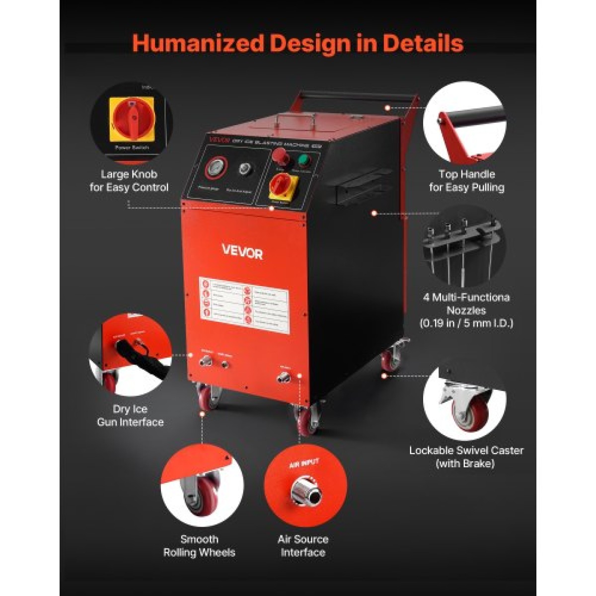 VEVOR Dry Ice Blasting Machine, 16,5LBS (7,5KG) Μηχάνημα καθαρισμού ξηρού πάγου χωρητικότητας με 4 ακροφύσια, ρυθμιζόμενη πίεση & ποσότητα ξηρού πάγου, Movable Blaster Cleaner for Automotive Ship Aviation Chemical