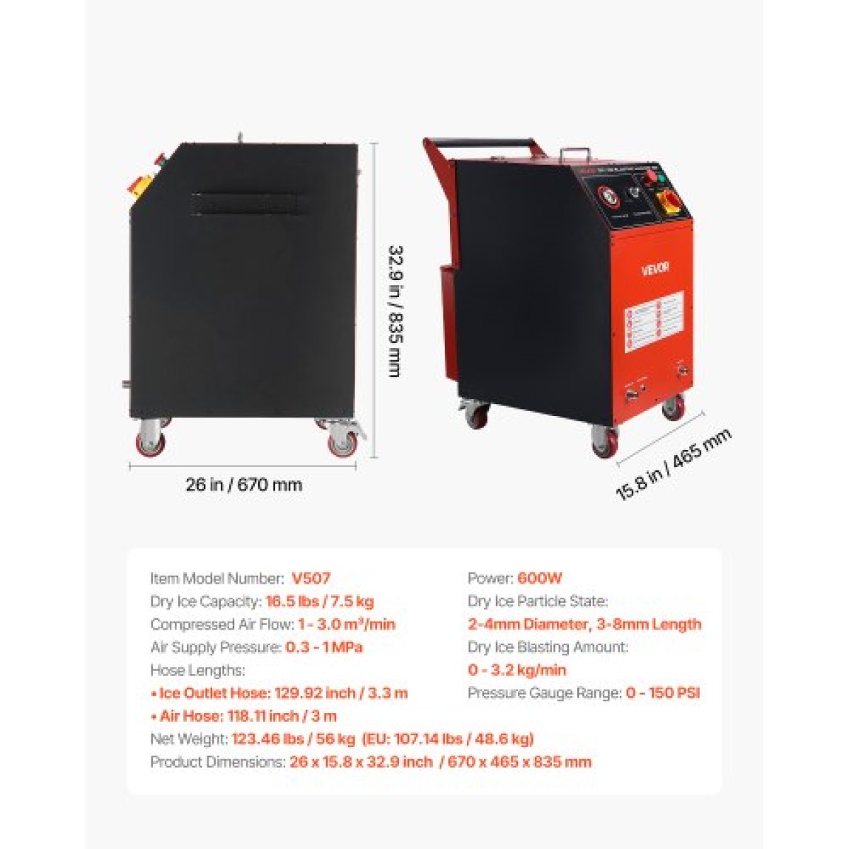 VEVOR Dry Ice Blasting Machine, 16,5LBS (7,5KG) Μηχάνημα καθαρισμού ξηρού πάγου χωρητικότητας με 4 ακροφύσια, ρυθμιζόμενη πίεση & ποσότητα ξηρού πάγου, Movable Blaster Cleaner for Automotive Ship Aviation Chemical