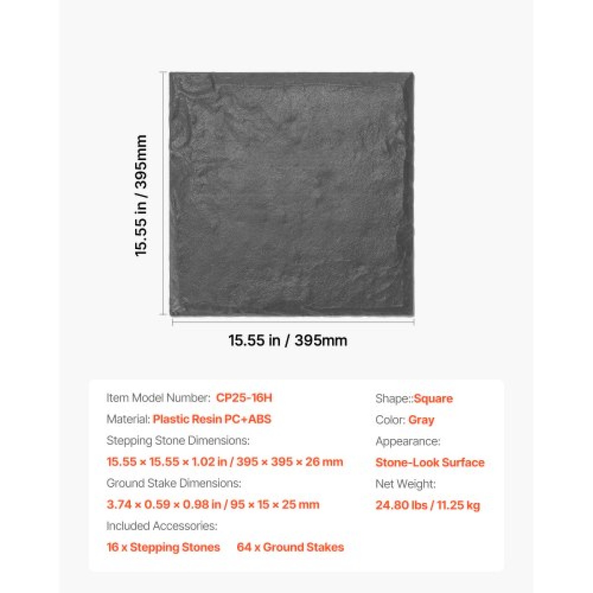 Βήμα κήπου VEVOR, 16 τμχ 39,5x39,5 cm, Διακοσμητικές πέτρες με πασσάλους, ανθεκτικές στις καιρικές συνθήκες Πλαστικές πλακόστρωτες μονοπατιών, λεία επιφάνεια, Υπαίθριος διάδρομος για γκαζόν τοπίο, γκρι