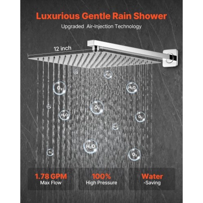VEVOR Shower Faucet Set 12" Square Rain Shower Head and Hand Set Silver Chrome