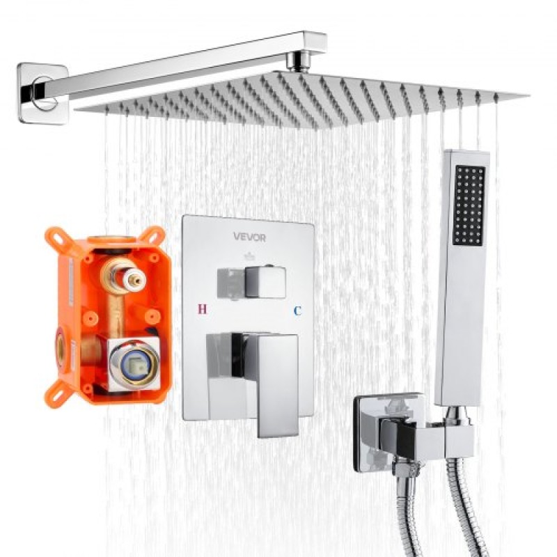 VEVOR Shower Faucet Set 12" Square Rain Shower Head and Hand Set Silver Chrome