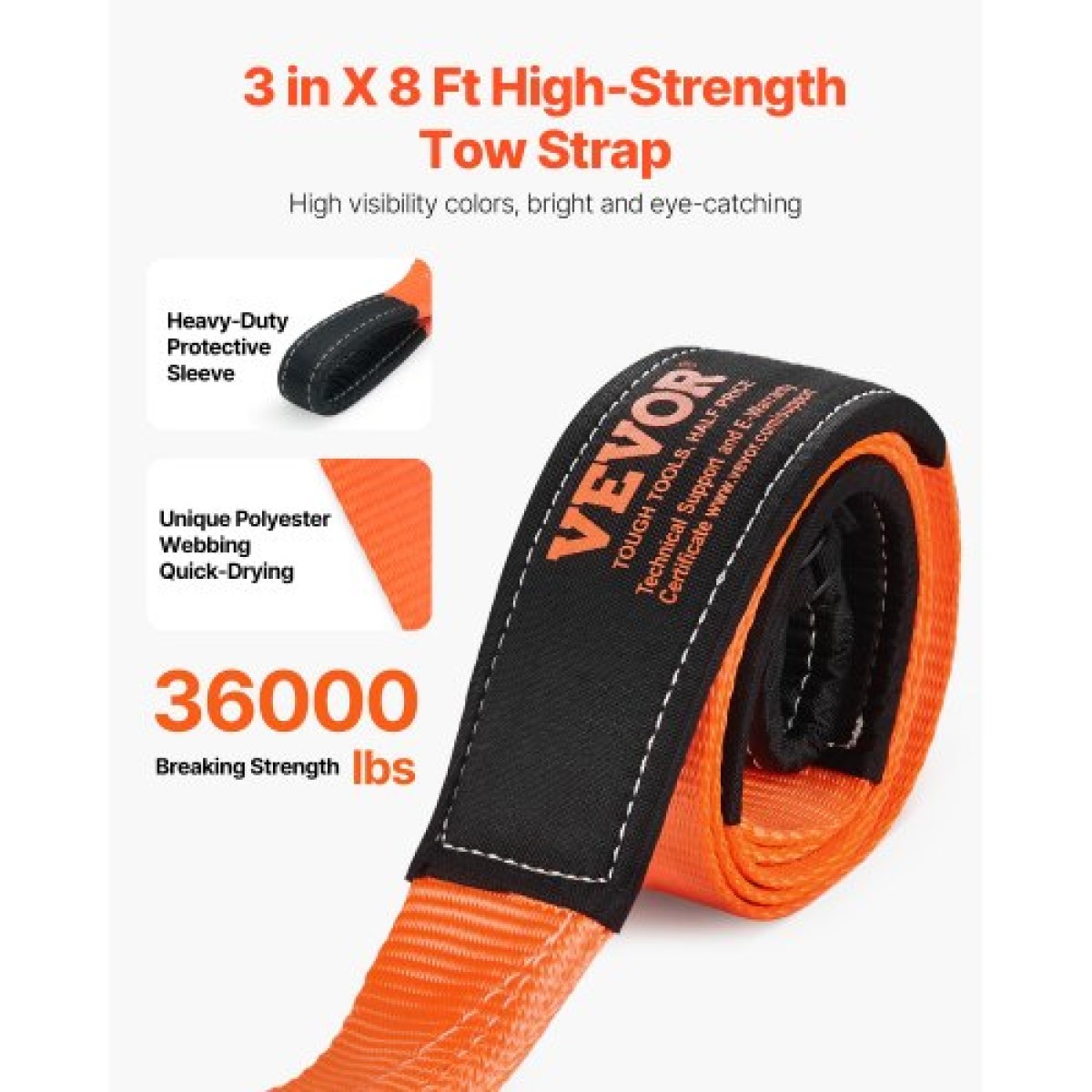 Ιμάντας ρυμούλκησης VEVOR Recovery 76,2 mm, 2,4 m 16329 kg Αντοχή σε θραύση, Τριπλοί ενισχυμένοι ιμάντες βρόχου, Tree Saver, ιμάντας επέκτασης γραμμής βαρούλκου, ρυμούλκηση και ανάκτηση εκτός δρόμου, ακραίες καιρικές συνθήκες