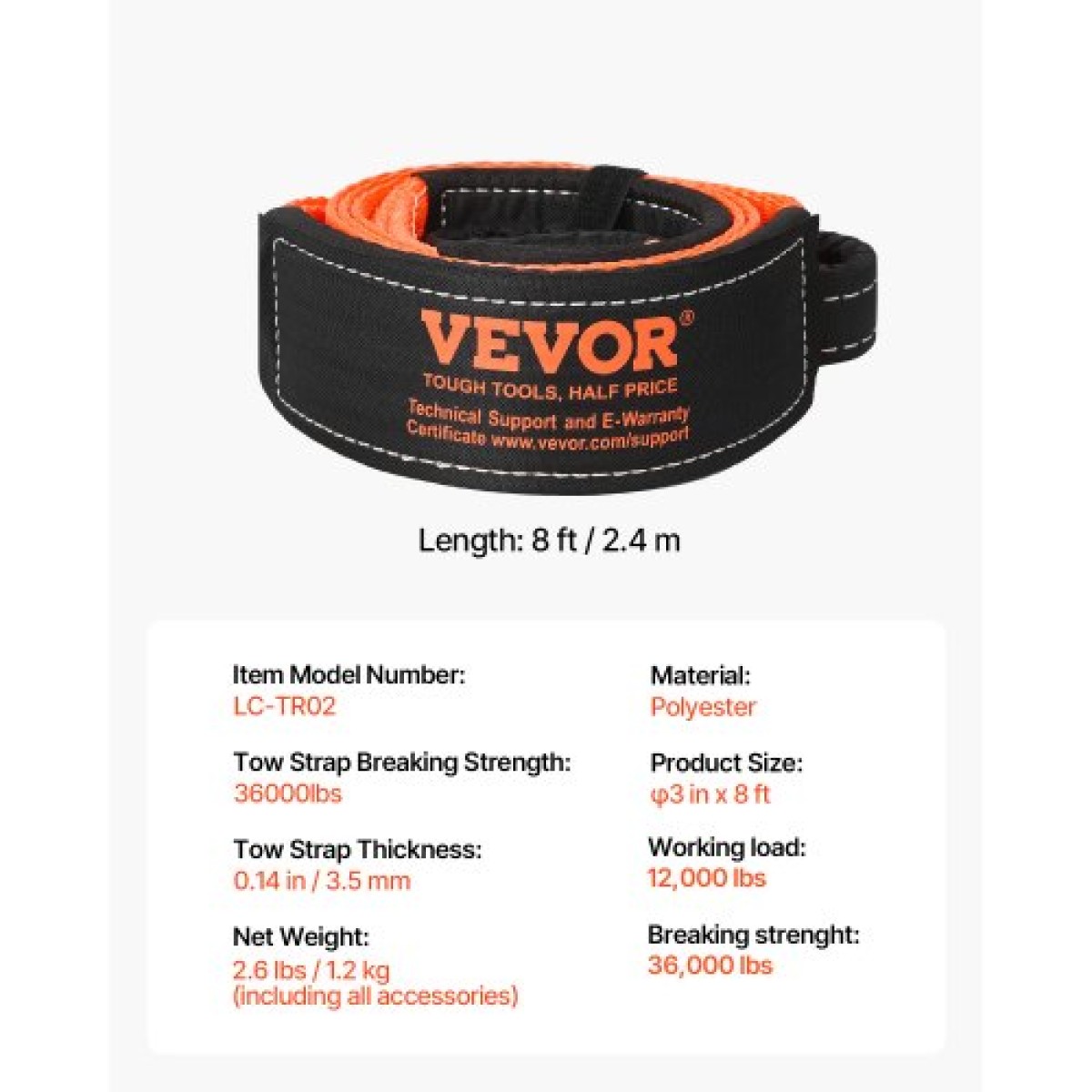 Ιμάντας ρυμούλκησης VEVOR Recovery 76,2 mm, 2,4 m 16329 kg Αντοχή σε θραύση, Τριπλοί ενισχυμένοι ιμάντες βρόχου, Tree Saver, ιμάντας επέκτασης γραμμής βαρούλκου, ρυμούλκηση και ανάκτηση εκτός δρόμου, ακραίες καιρικές συνθήκες