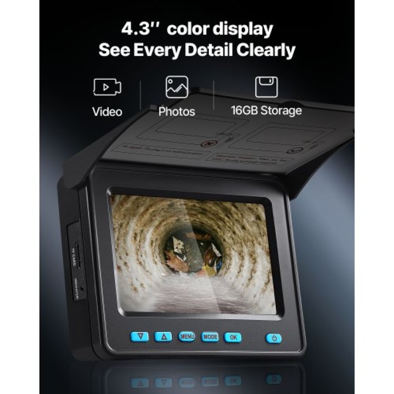 VEVOR Sewer Camera, Drain Inspection Camera 20m, IP68 Waterproof Snake Plumbing Cameras with Lights - 6 ρυθμιζόμενα LED, μπαταρία 4500mAh & Κάρτα 16GB για σωλήνες αγωγών αποχέτευσης