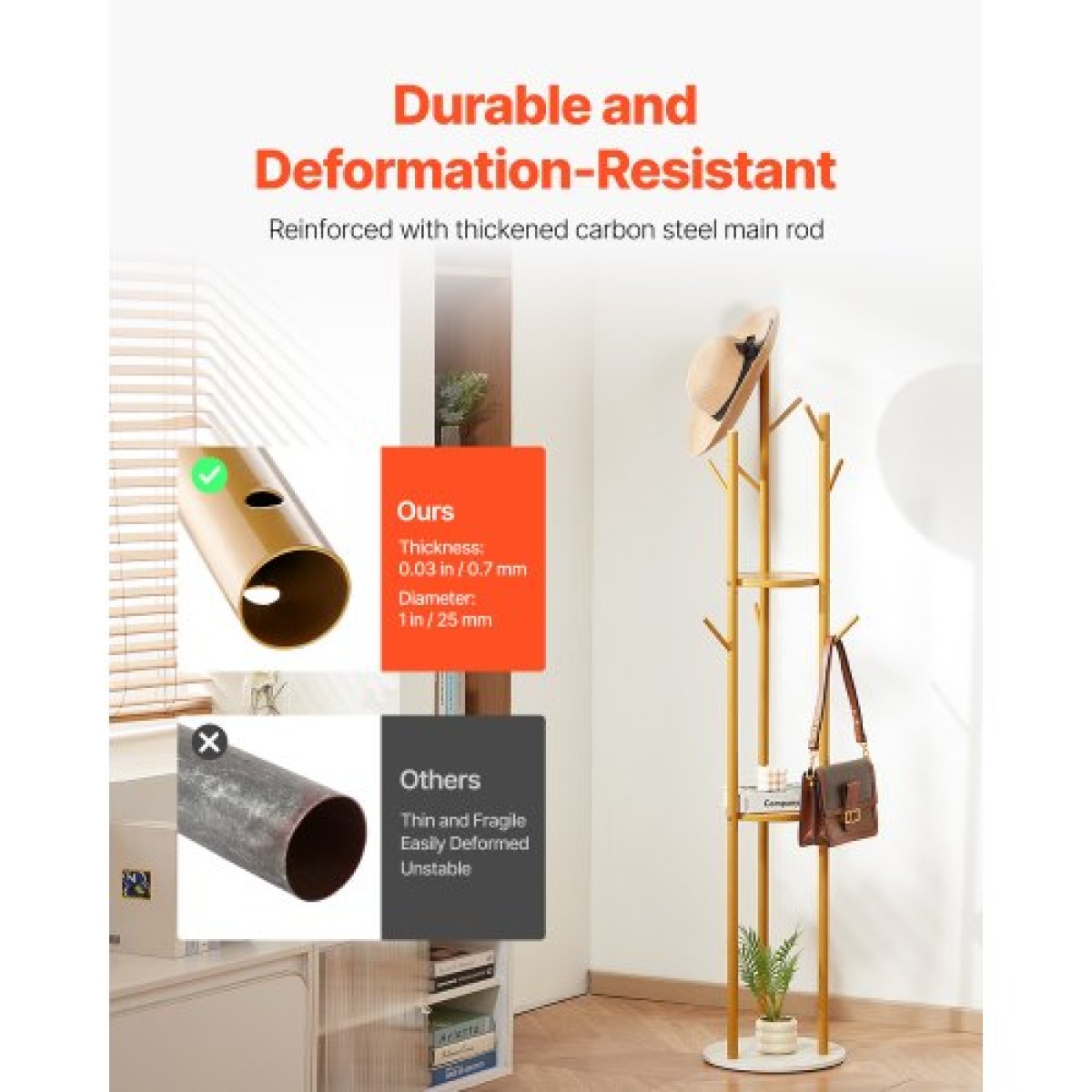 VEVOR Coat Rack Freestanding Coat Rack Stand with Quartz Stone Base & 9 Hooks