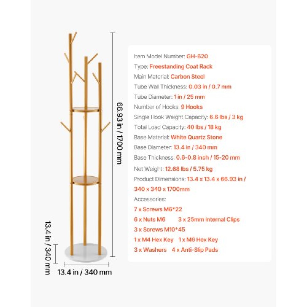 VEVOR Coat Rack Freestanding Coat Rack Stand with Quartz Stone Base & 9 Hooks