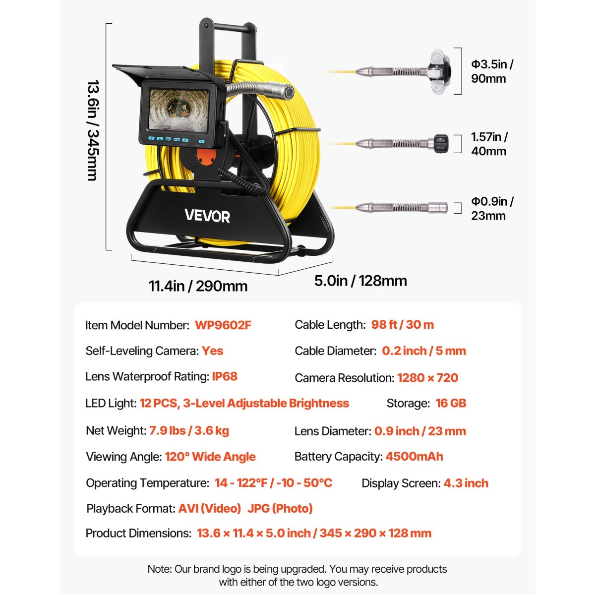 VEVOR Sewer Camera, 30m, Αυτοεπιπεδούμενη Κάμερα Επιθεώρησης Αποχέτευσης με Οθόνη 1080P HD, IP68 Αδιάβροχες Φίδι Υδραυλικές Κάμερες με Φώτα - 12 LED & Κάρτα 16GB για Σωλήνα Αγωγού Αποχέτευσης