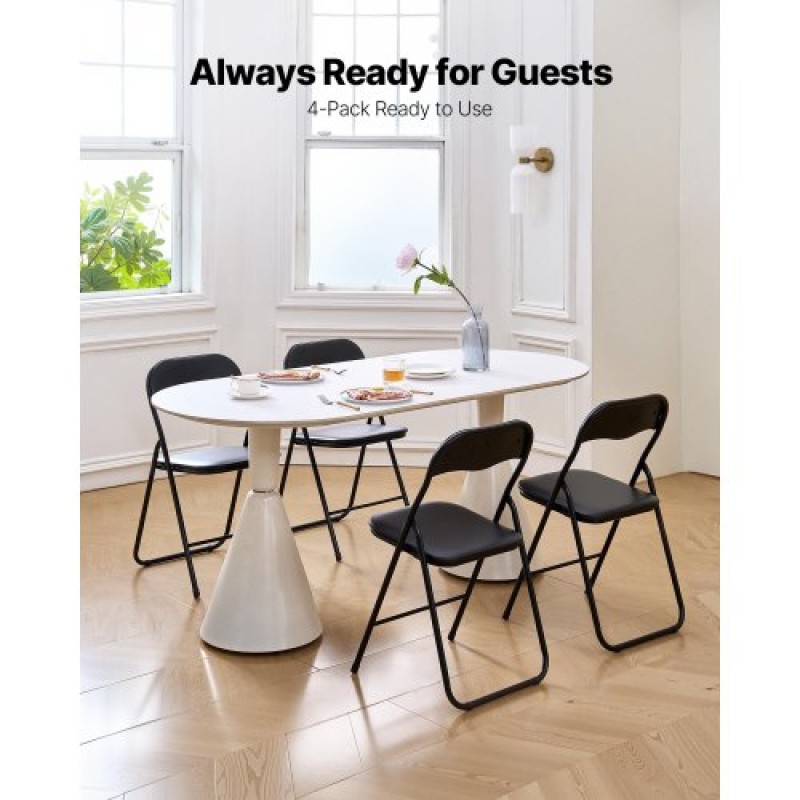 VEVOR 4 Pack Folding Chairs Portable Leather Chairs with Padded Cushion Black
