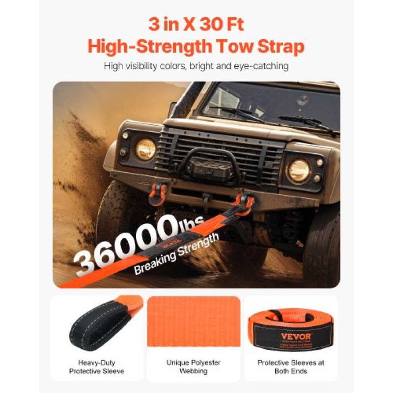 VEVOR Heavy Duty Tow Strap Recovery Kit 76,2 mm x 9,1 m (MBS-16329 kg) Ιμάντας βαρούλκου Tree Saver, Τριπλός ενισχυμένος βρόχος & προστατευτικά μανίκια & τσάντα αποθήκευσης, δεσμίδες D-ring 19 mm, για Truck Jeep SUV ATV