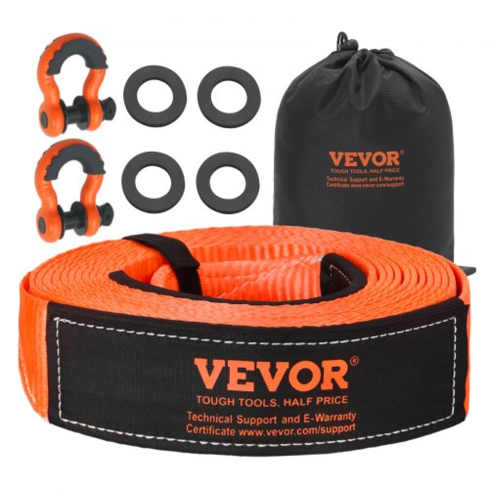 VEVOR Heavy Duty Tow Strap Recovery Kit 76,2 mm x 9,1 m (MBS-16329 kg) Ιμάντας βαρούλκου Tree Saver, Τριπλός ενισχυμένος βρόχος & προστατευτικά μανίκια & τσάντα αποθήκευσης, δεσμίδες D-ring 19 mm, για Truck Jeep SUV ATV
