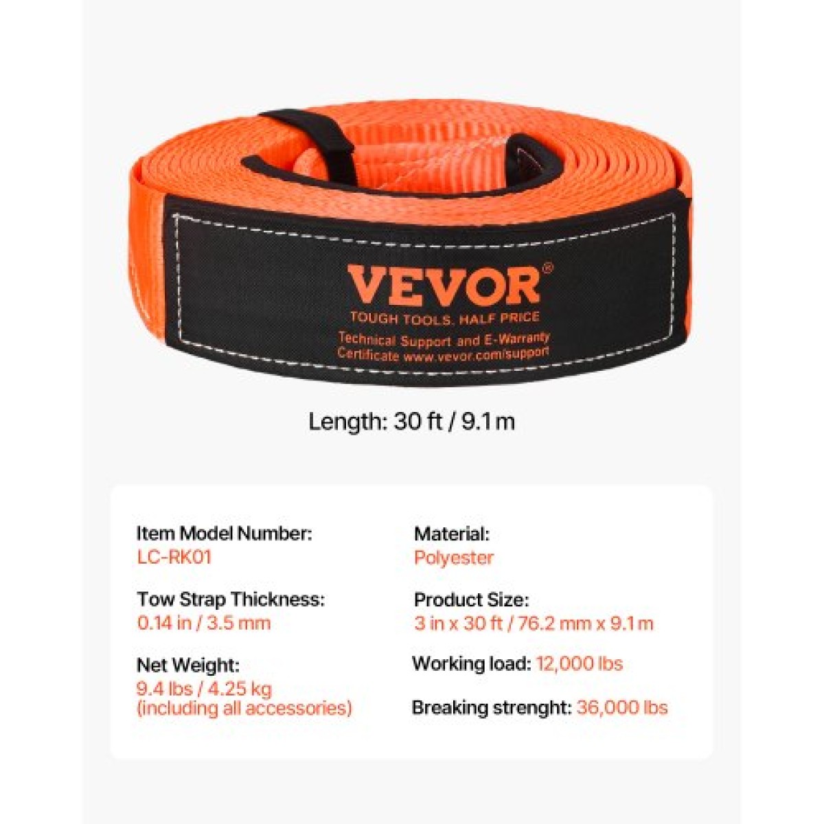 VEVOR Heavy Duty Tow Strap Recovery Kit 76,2 mm x 9,1 m (MBS-16329 kg) Ιμάντας βαρούλκου Tree Saver, Τριπλός ενισχυμένος βρόχος & προστατευτικά μανίκια & τσάντα αποθήκευσης, δεσμίδες D-ring 19 mm, για Truck Jeep SUV ATV