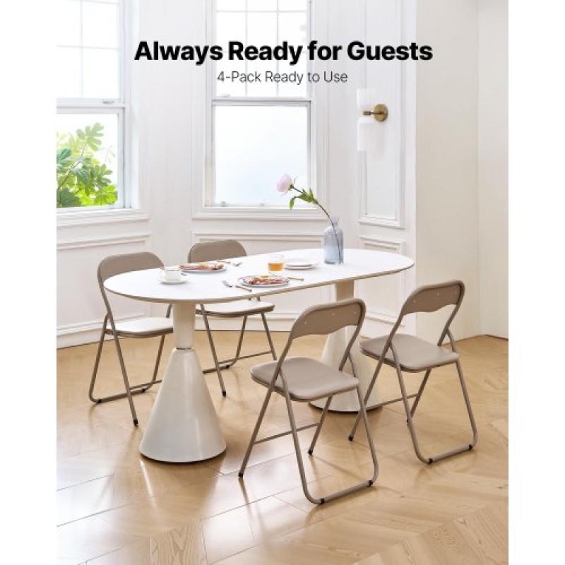 VEVOR 4 Pack Folding Chairs Portable Leather Chairs with Padded Cushion Khaki