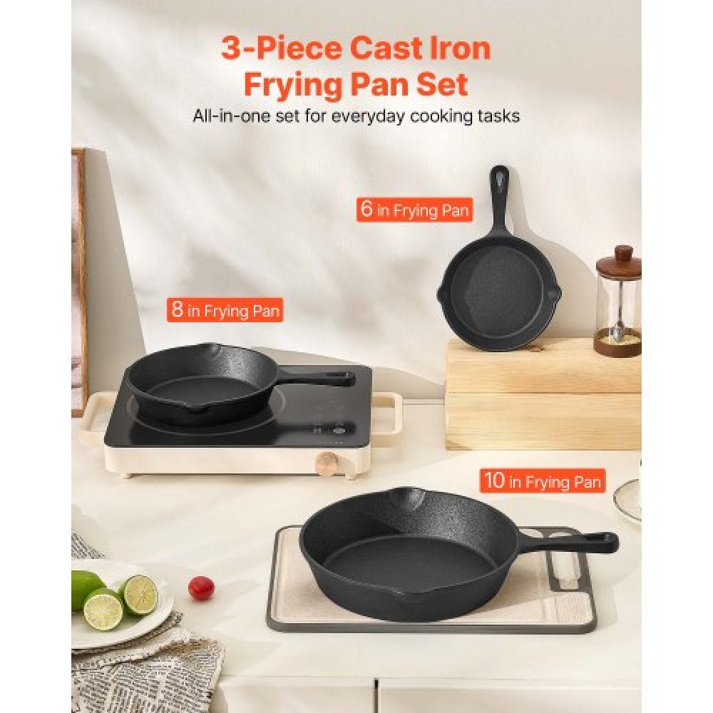 VEVOR 3Pcs Cast Iron Skillet Frying Pan Set 160 220 265 mm Handle Seasoned Black