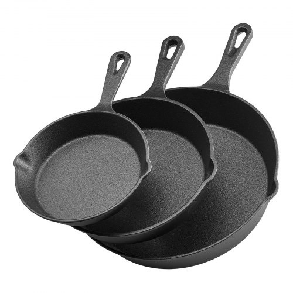 VEVOR 3Pcs Cast Iron Skillet Frying Pan Set 160 220 265 mm Handle Seasoned Black