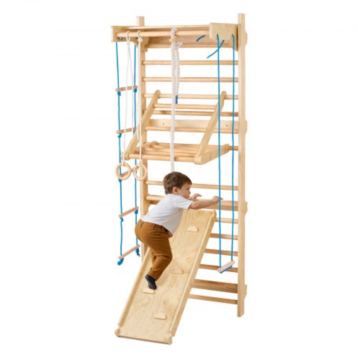 VEVOR Swedish Ladder Wall Gym, 8-in-1 15 Levels Solid Wood Indoor Jungle Gym, 220LBS Wall Stall Bars Αναρρίχηση σετ αναρρίχησης με επιτοίχια σκάλα, σανίδα ολίσθησης, μπάρα έλξης, δαχτυλίδια γυμναστικής, κάθισμα κούνιας, σκάλα με σχοινί