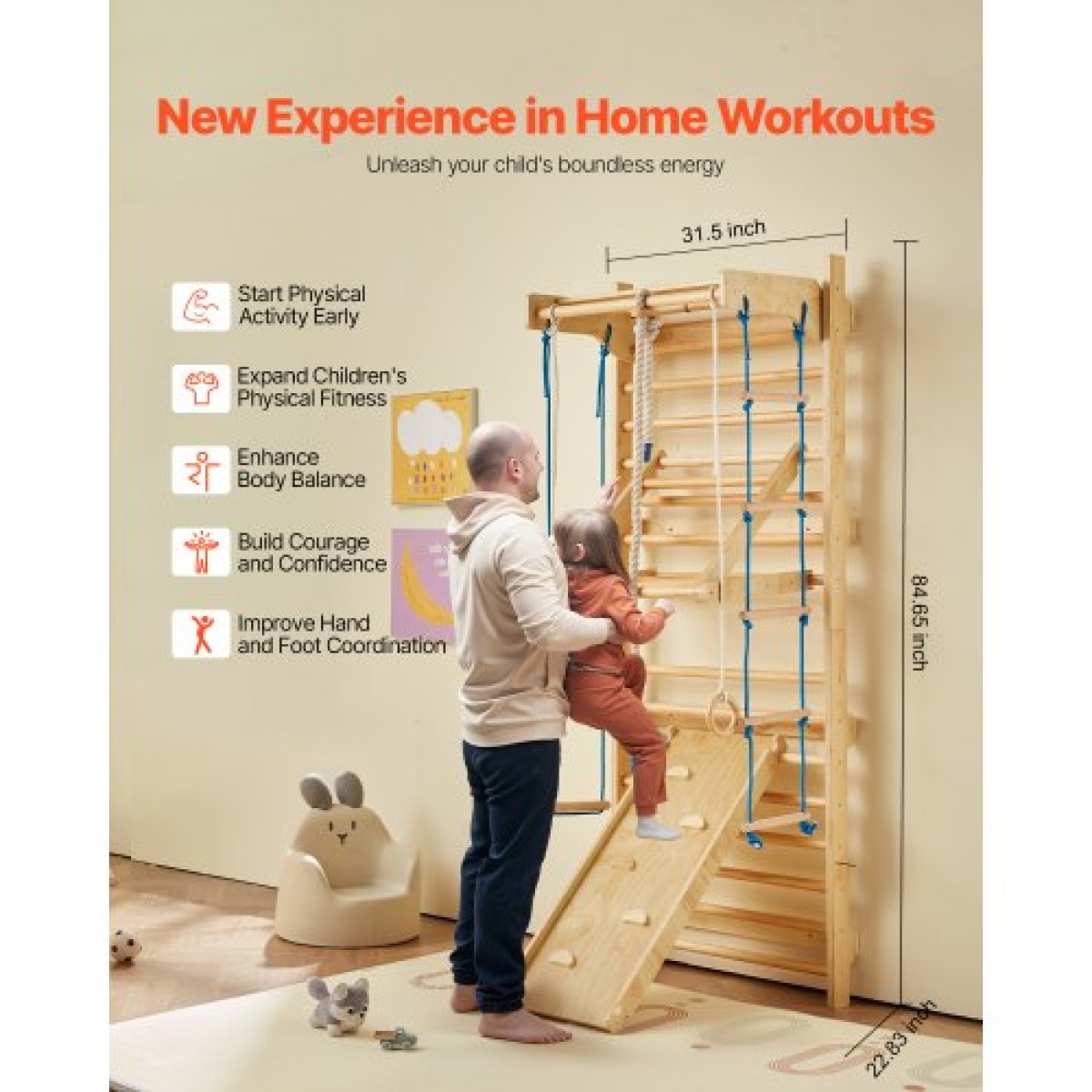 VEVOR Swedish Ladder Wall Gym, 8-in-1 15 Levels Solid Wood Indoor Jungle Gym, 220LBS Wall Stall Bars Αναρρίχηση σετ αναρρίχησης με επιτοίχια σκάλα, σανίδα ολίσθησης, μπάρα έλξης, δαχτυλίδια γυμναστικής, κάθισμα κούνιας, σκάλα με σχοινί