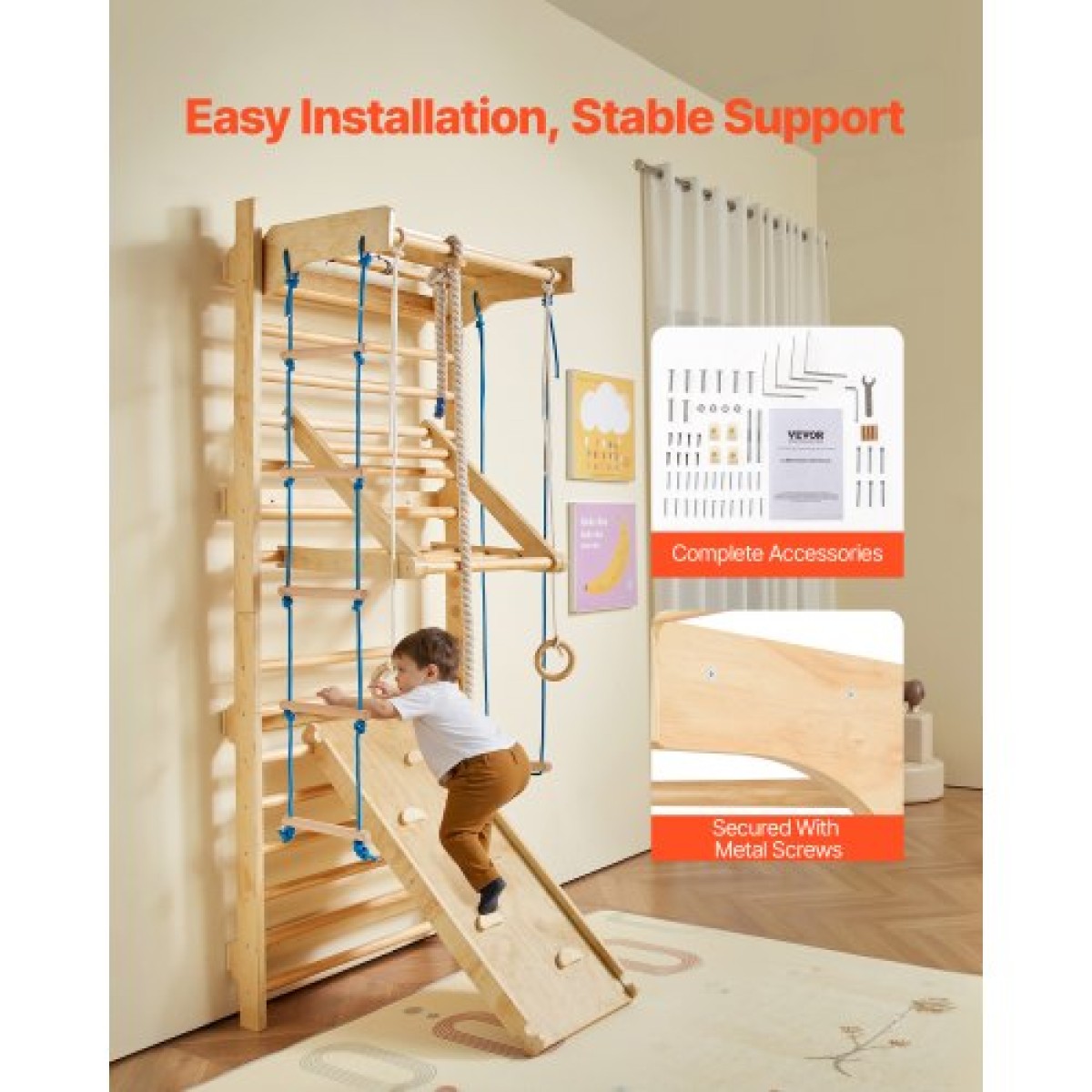 VEVOR Swedish Ladder Wall Gym, 8-in-1 15 Levels Solid Wood Indoor Jungle Gym, 220LBS Wall Stall Bars Αναρρίχηση σετ αναρρίχησης με επιτοίχια σκάλα, σανίδα ολίσθησης, μπάρα έλξης, δαχτυλίδια γυμναστικής, κάθισμα κούνιας, σκάλα με σχοινί