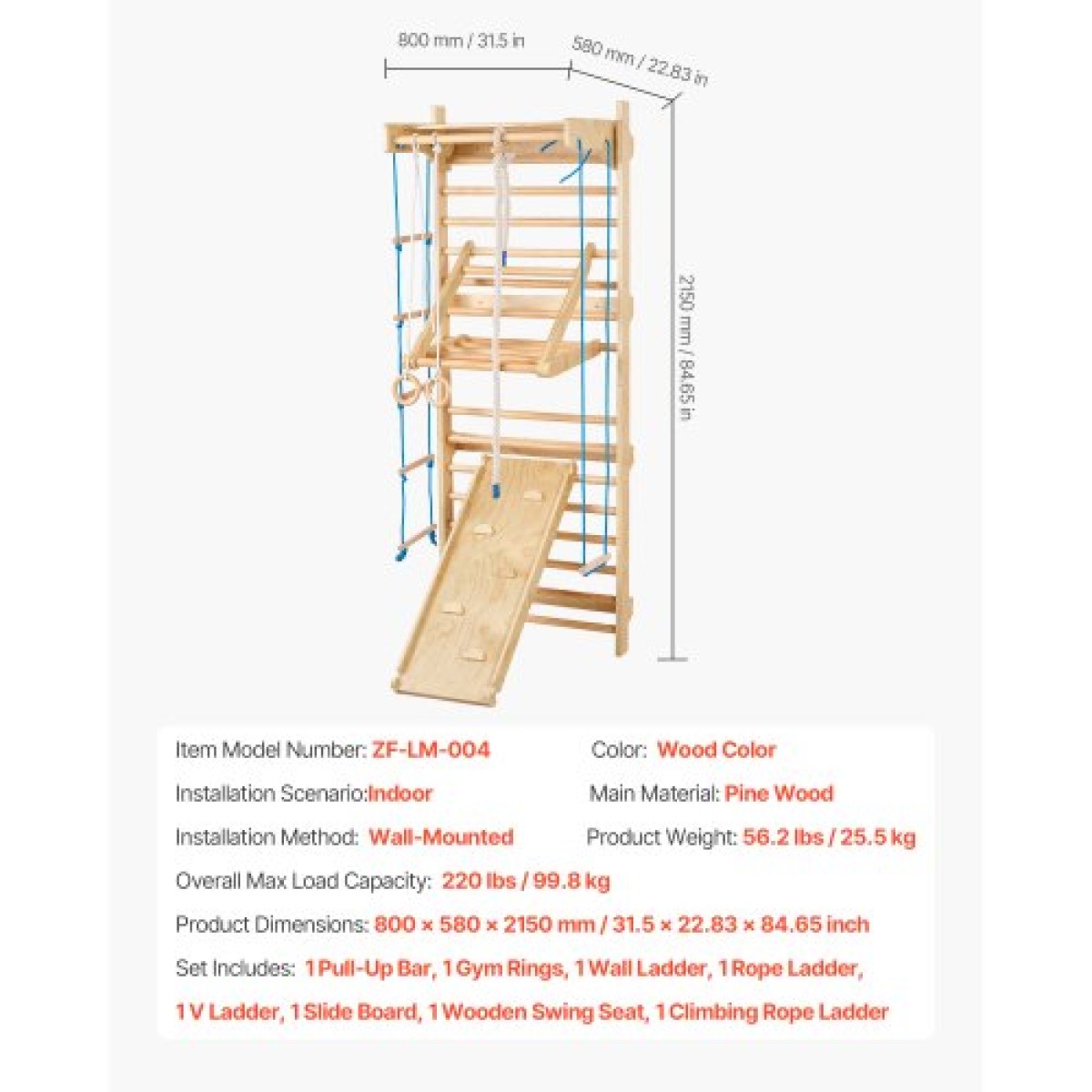 VEVOR Swedish Ladder Wall Gym, 8-in-1 15 Levels Solid Wood Indoor Jungle Gym, 220LBS Wall Stall Bars Αναρρίχηση σετ αναρρίχησης με επιτοίχια σκάλα, σανίδα ολίσθησης, μπάρα έλξης, δαχτυλίδια γυμναστικής, κάθισμα κούνιας, σκάλα με σχοινί