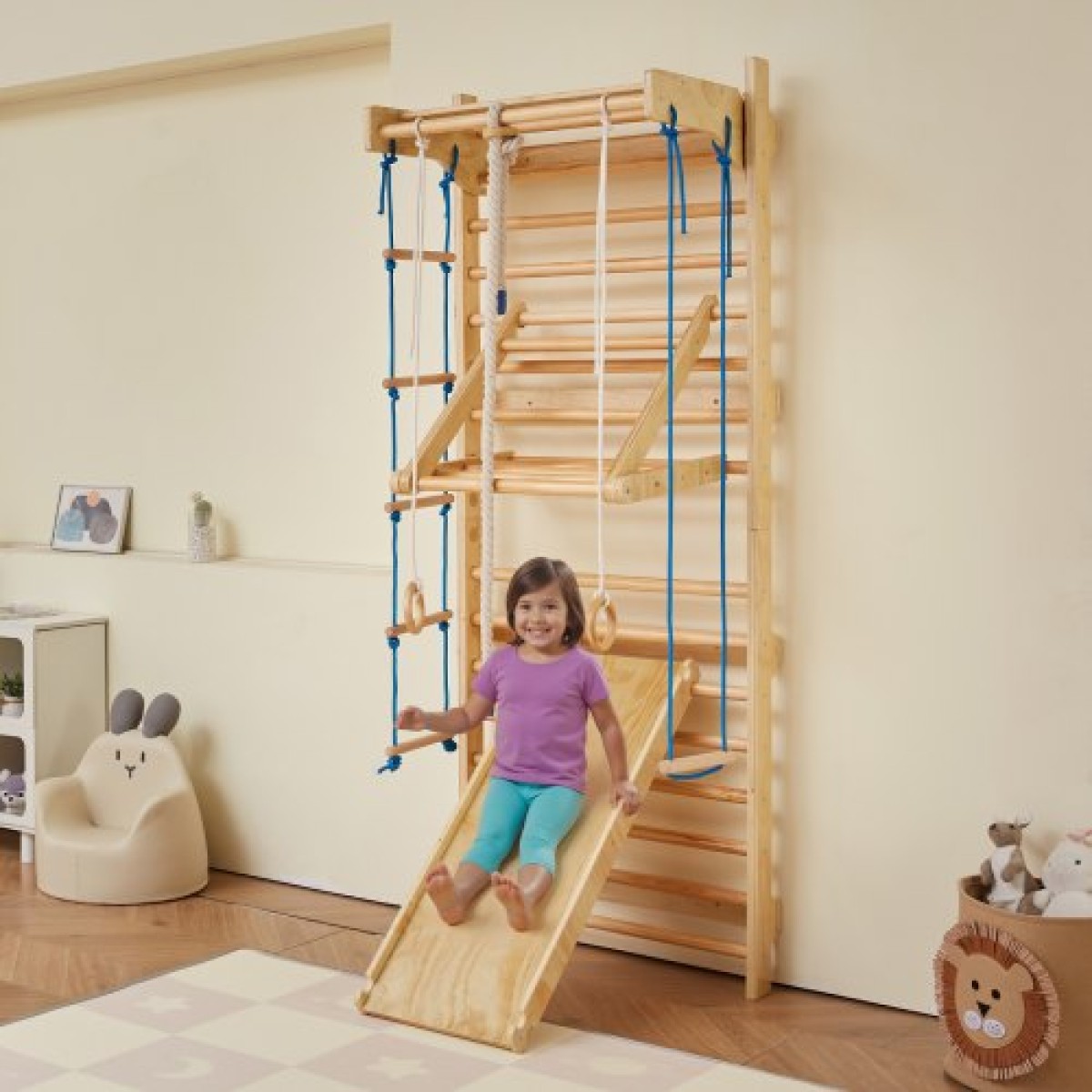 VEVOR Swedish Ladder Wall Gym, 8-in-1 15 Levels Solid Wood Indoor Jungle Gym, 220LBS Wall Stall Bars Αναρρίχηση σετ αναρρίχησης με επιτοίχια σκάλα, σανίδα ολίσθησης, μπάρα έλξης, δαχτυλίδια γυμναστικής, κάθισμα κούνιας, σκάλα με σχοινί