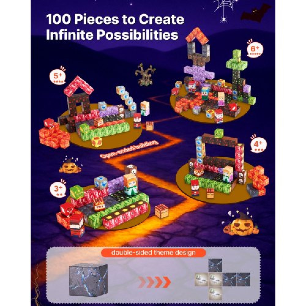 VEVOR Magnetic Blocks, 100 PCS Dark Castle Set, Magnetic Building Cubes for Children, STEM Montessori Sensory Toys για Χριστουγεννιάτικο δώρο γενεθλίων, Κατασκευαστικό παιχνίδι στοίβαξης για αγόρια και κορίτσια 3+ ετών