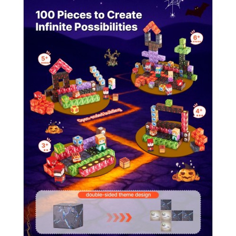 VEVOR Magnetic Blocks, 100 PCS Dark Castle Set, Magnetic Building Cubes for Children, STEM Montessori Sensory Toys για Χριστουγεννιάτικο δώρο γενεθλίων, Κατασκευαστικό παιχνίδι στοίβαξης για αγόρια και κορίτσια 3+ ετών
