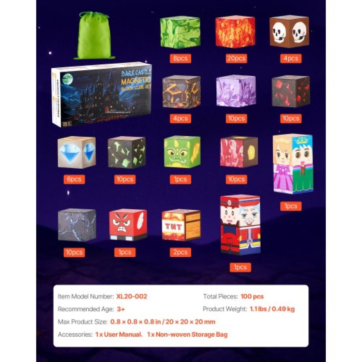 VEVOR Magnetic Blocks, 100 PCS Dark Castle Set, Magnetic Building Cubes for Children, STEM Montessori Sensory Toys για Χριστουγεννιάτικο δώρο γενεθλίων, Κατασκευαστικό παιχνίδι στοίβαξης για αγόρια και κορίτσια 3+ ετών