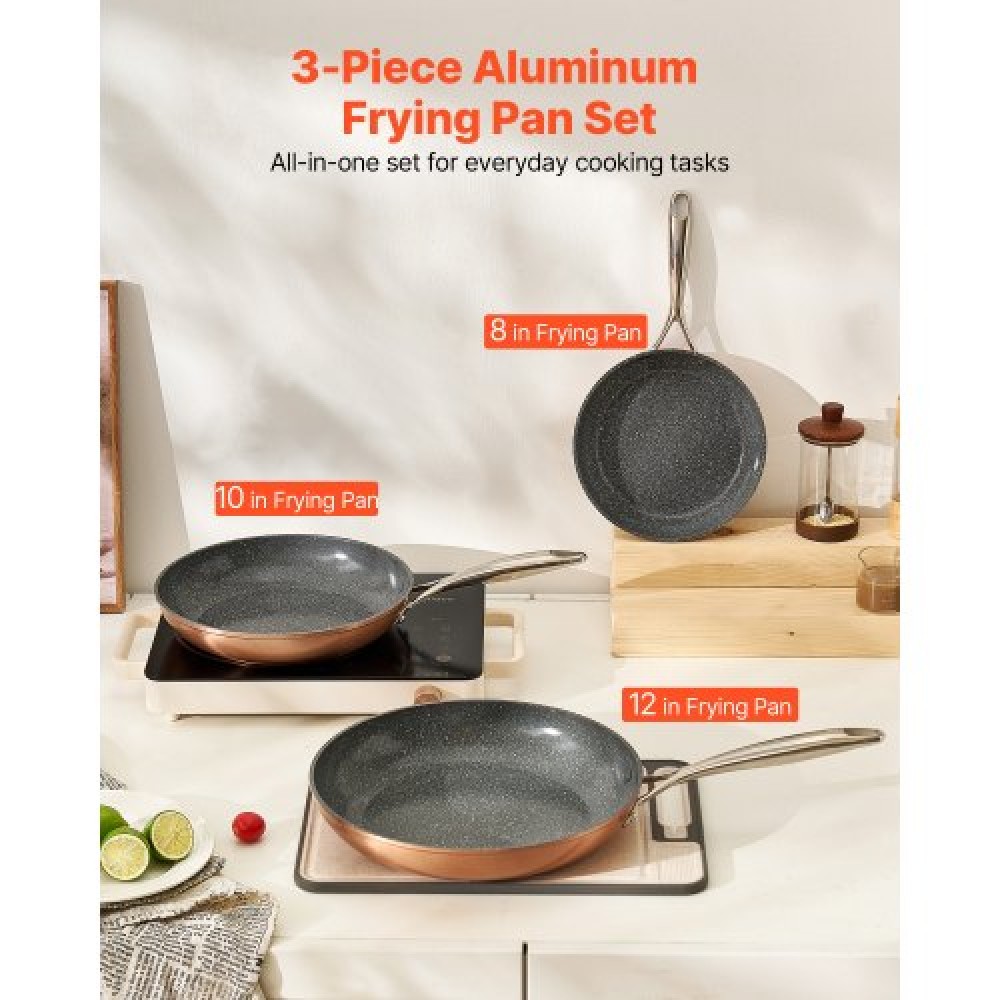 VEVOR 3 Pcs Frying Pan Aluminum Skillet Set 200 270 300 mm Handle Seasoned Grey