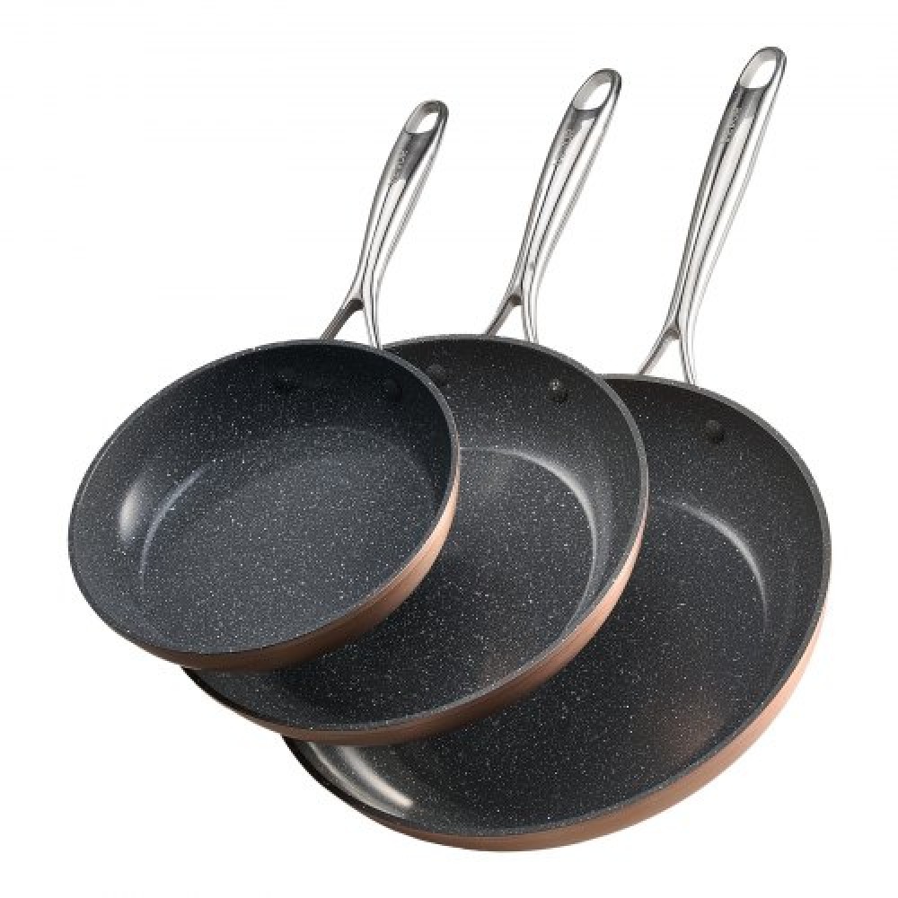 VEVOR 3 Pcs Frying Pan Aluminum Skillet Set 200 270 300 mm Handle Seasoned Grey