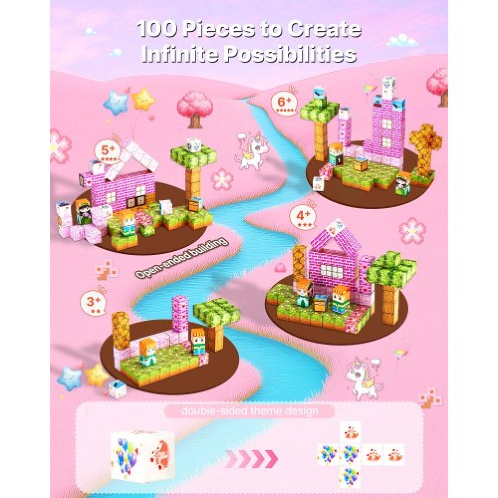VEVOR Magnetic Blocks, 100 PCS Princess Castle Set, Magnetic Building Cubes for Children, STEM Montessori Sensory Toys για χριστουγεννιάτικο δώρο γενεθλίων, κατασκευαστικό παιχνίδι στοίβαξης για αγόρια και κορίτσια 3+ ετών