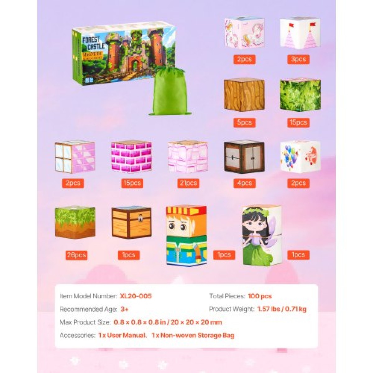 VEVOR Magnetic Blocks, 100 PCS Princess Castle Set, Magnetic Building Cubes for Children, STEM Montessori Sensory Toys για χριστουγεννιάτικο δώρο γενεθλίων, κατασκευαστικό παιχνίδι στοίβαξης για αγόρια και κορίτσια 3+ ετών