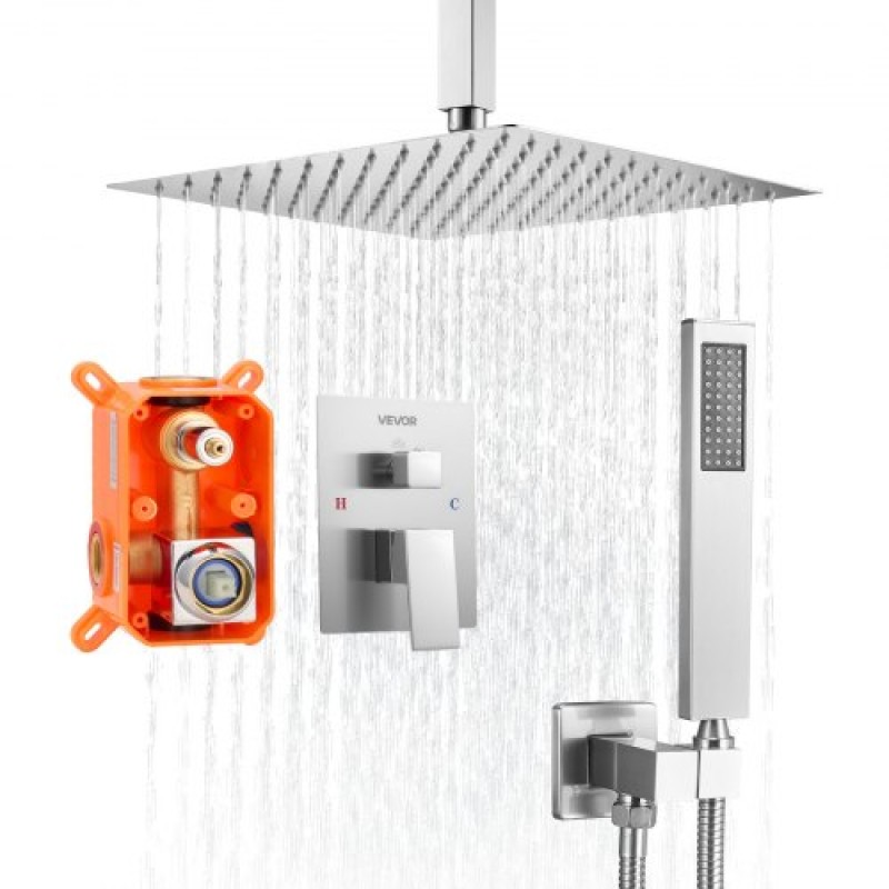 VEVOR Shower Faucet Set 12" Square Rain Shower Head and Hand Set Brushed Nickel