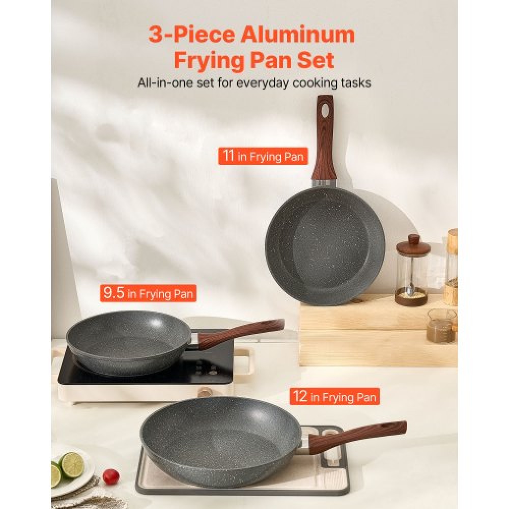 VEVOR 3Pcs Frying Pan Aluminum Skillet Set 250 280 325 mm Nonstick Seasoned Grey