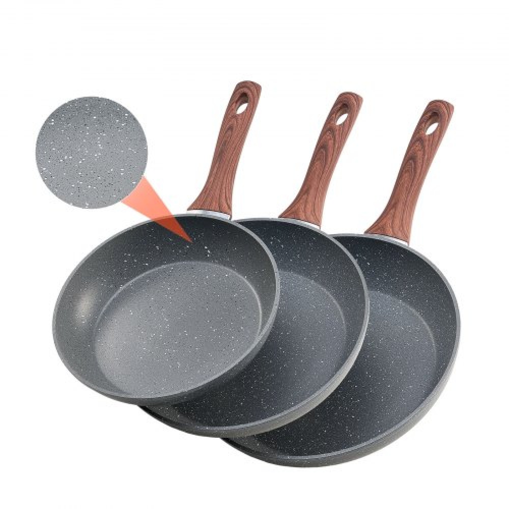 VEVOR 3Pcs Frying Pan Aluminum Skillet Set 250 280 325 mm Nonstick Seasoned Grey