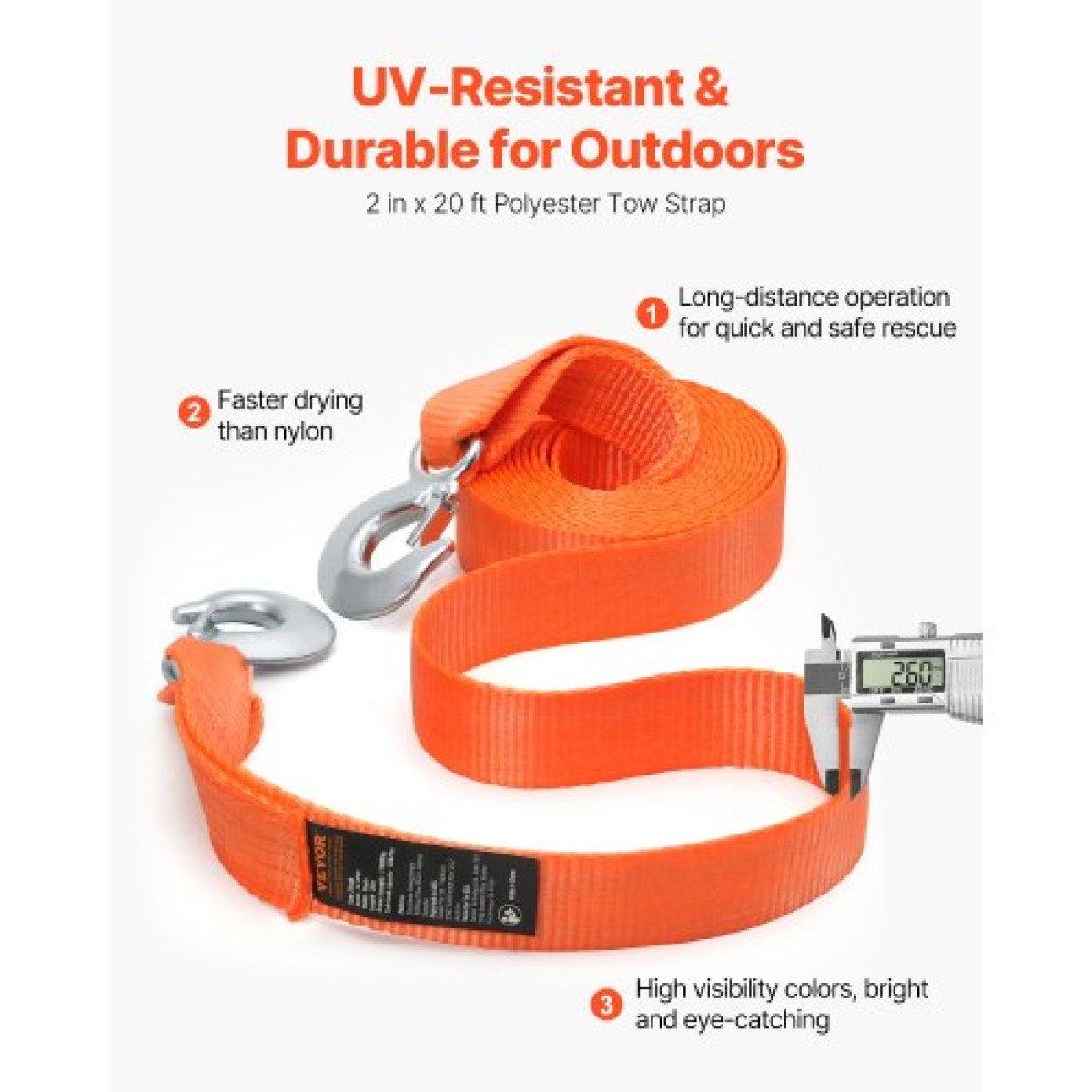 Ιμάντας ρυμούλκησης VEVOR ATV με γάντζους, 50,8 mm x 6,1 m, χωρητικότητα 7711 kg, ανθεκτικό σχοινί ανάκτησης με γάντζους ασφαλείας για φορτηγά και οχήματα, βασικό αξεσουάρ ρυμούλκησης για οδική βοήθεια