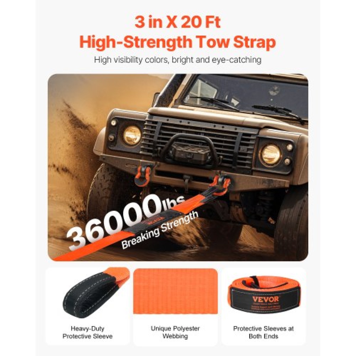 VEVOR Heavy Duty Tow Strap Recovery Kit 76,2 mm x 6,1 m (MBS-16329 kg) Ιμάντας για βαρούλκο Tree Saver, Τριπλός ενισχυμένος βρόχος & προστατευτικά μανίκια & τσάντα αποθήκευσης, δεσμίδες D-ring 19 mm, για Truck Jeep SUV ATV