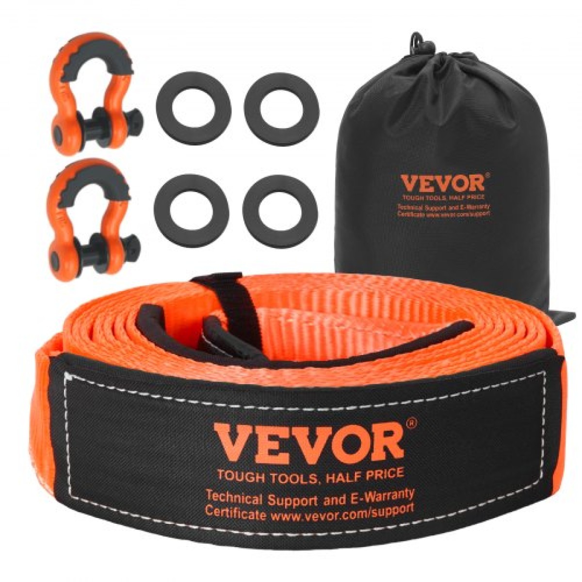 VEVOR Heavy Duty Tow Strap Recovery Kit 76,2 mm x 6,1 m (MBS-16329 kg) Ιμάντας για βαρούλκο Tree Saver, Τριπλός ενισχυμένος βρόχος & προστατευτικά μανίκια & τσάντα αποθήκευσης, δεσμίδες D-ring 19 mm, για Truck Jeep SUV ATV