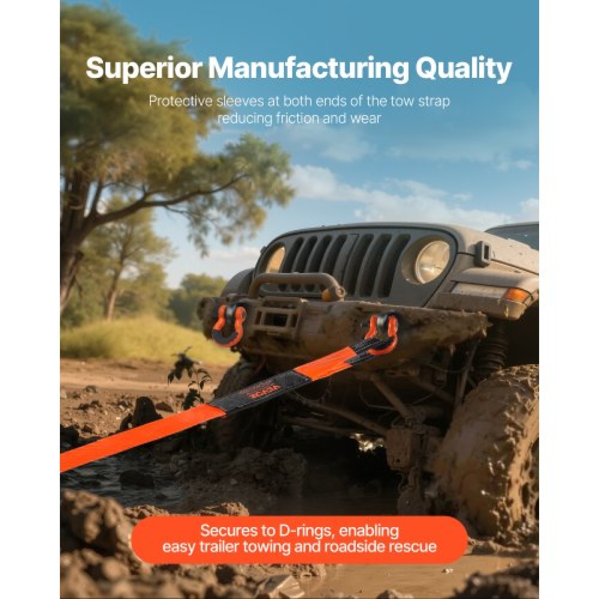 VEVOR Heavy Duty Tow Strap Recovery Kit 76,2 mm x 6,1 m (MBS-16329 kg) Ιμάντας για βαρούλκο Tree Saver, Τριπλός ενισχυμένος βρόχος & προστατευτικά μανίκια & τσάντα αποθήκευσης, δεσμίδες D-ring 19 mm, για Truck Jeep SUV ATV