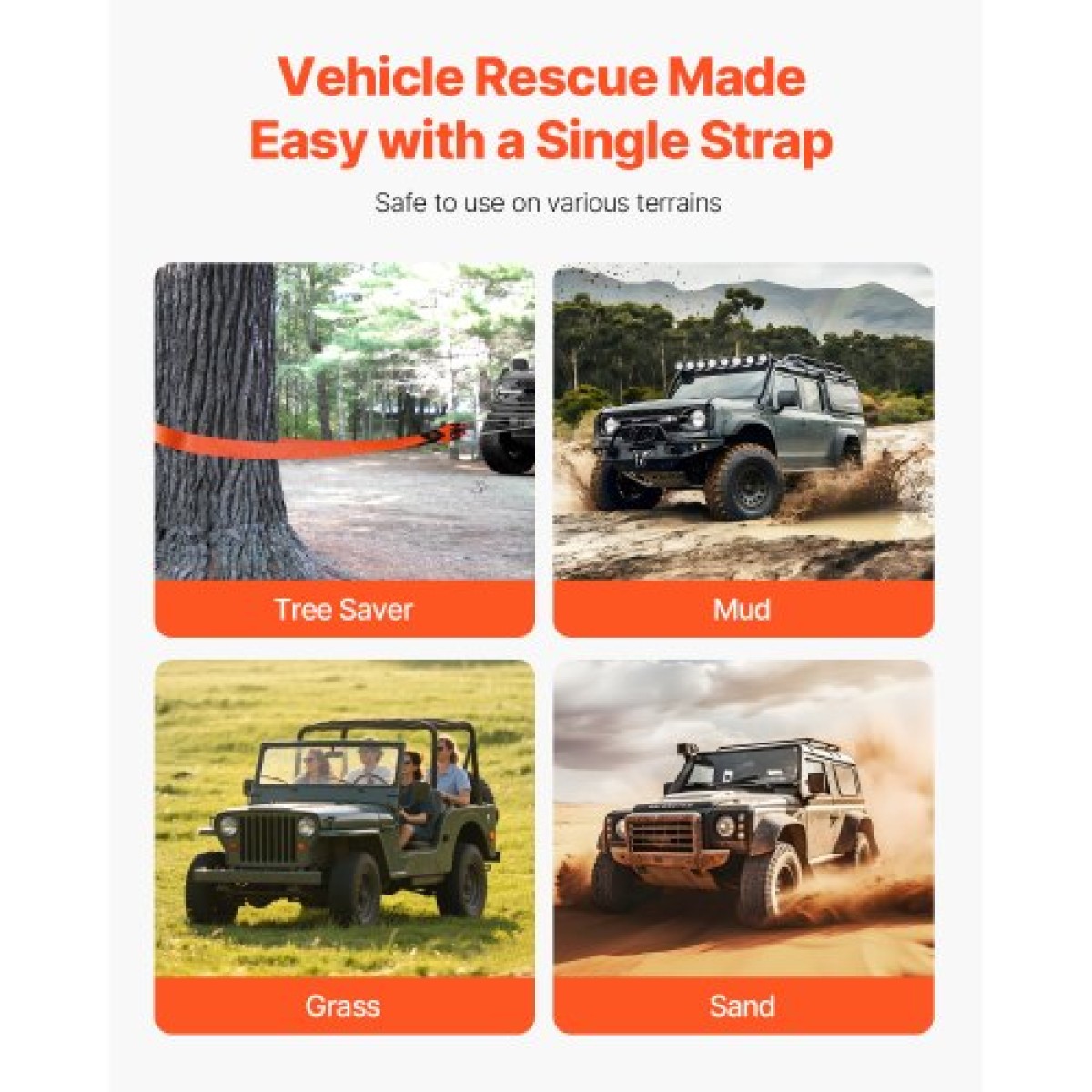 VEVOR Heavy Duty Tow Strap Recovery Kit 76,2 mm x 6,1 m (MBS-16329 kg) Ιμάντας για βαρούλκο Tree Saver, Τριπλός ενισχυμένος βρόχος & προστατευτικά μανίκια & τσάντα αποθήκευσης, δεσμίδες D-ring 19 mm, για Truck Jeep SUV ATV