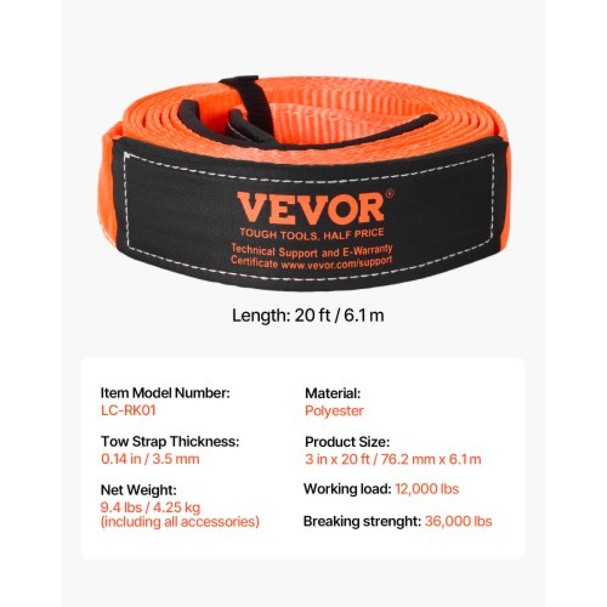 VEVOR Heavy Duty Tow Strap Recovery Kit 76,2 mm x 6,1 m (MBS-16329 kg) Ιμάντας για βαρούλκο Tree Saver, Τριπλός ενισχυμένος βρόχος & προστατευτικά μανίκια & τσάντα αποθήκευσης, δεσμίδες D-ring 19 mm, για Truck Jeep SUV ATV