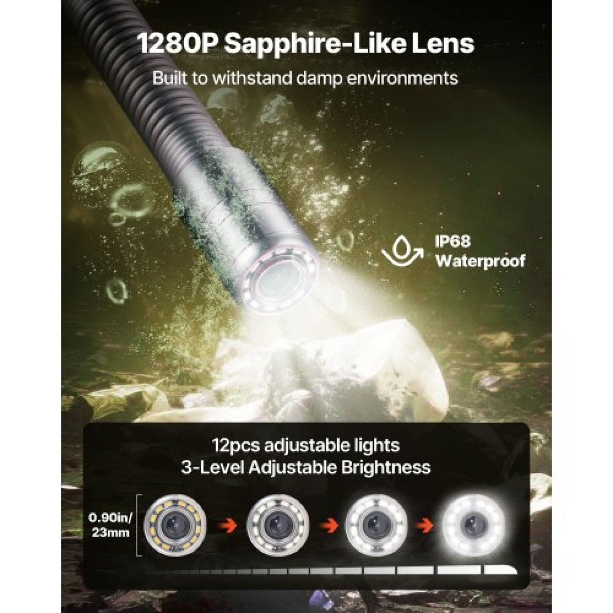 VEVOR Sewer Camera, 50m, Αυτοεπιπεδούμενη Κάμερα Επιθεώρησης Αποχέτευσης με οθόνη 1080P HD, IP68 Αδιάβροχες Φίδι Υδραυλικές Κάμερες με Φώτα - 12 LED & Κάρτα 16GB για Σωλήνα Αγωγού Αποχέτευσης