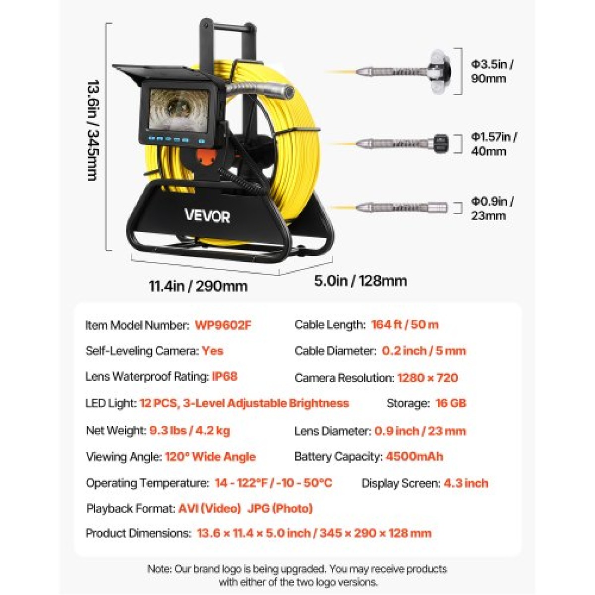 VEVOR Sewer Camera, 50m, Αυτοεπιπεδούμενη Κάμερα Επιθεώρησης Αποχέτευσης με οθόνη 1080P HD, IP68 Αδιάβροχες Φίδι Υδραυλικές Κάμερες με Φώτα - 12 LED & Κάρτα 16GB για Σωλήνα Αγωγού Αποχέτευσης