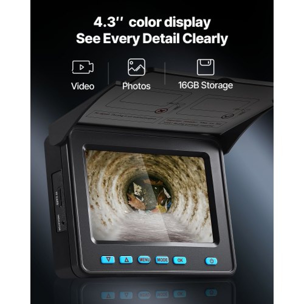 VEVOR Sewer Camera, 50m Drain Inspection Camera, IP68 Waterproof Snake Plumbing Cameras with Lights - 6 Adjustable LEDs, 4500mAh Battery & 16GB Card for Sewer Line Duct Pipes