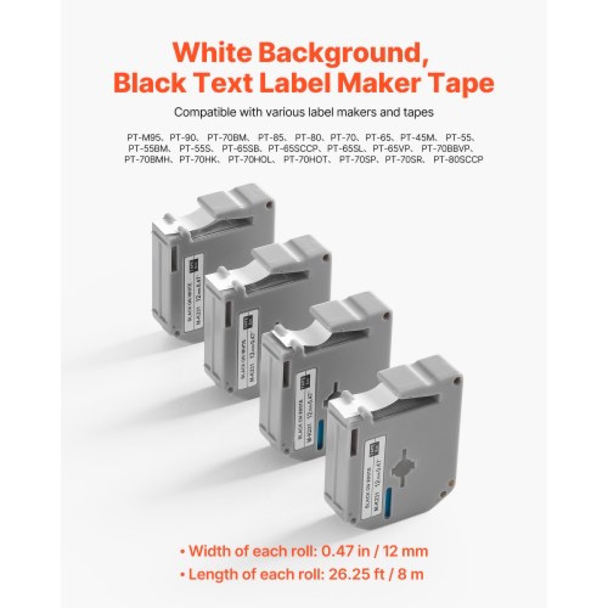 Ταινία VEVOR Label Maker, 4 Pack, 0,47 in / 12 mm Μαύρο σε λευκό Cartridge ετικετών Συμβατό για διάφορους τύπους ετικετών Brother, ανθεκτικό και μακράς διαρκείας, αδιάβροχο, αντικατάσταση για Letra Tag M-K231