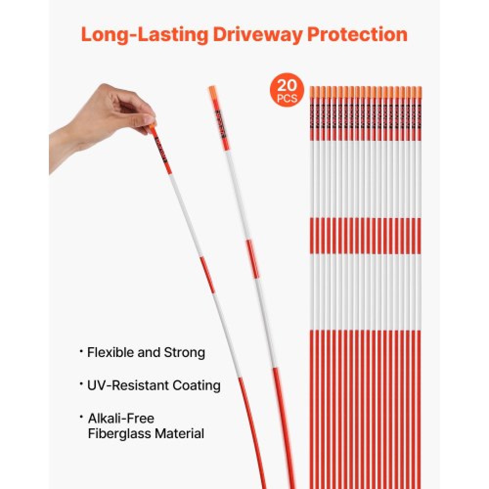 VEVOR 20Pcs Reflective Driveway Markers 1/4" Dia 48 in Snow Stakes Reflectors