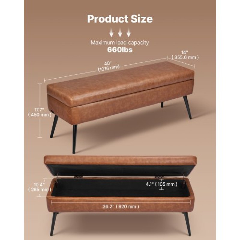 VEVOR PU Leather Storage Ottoman Bench Bench with Storage and Metal Legs Brown